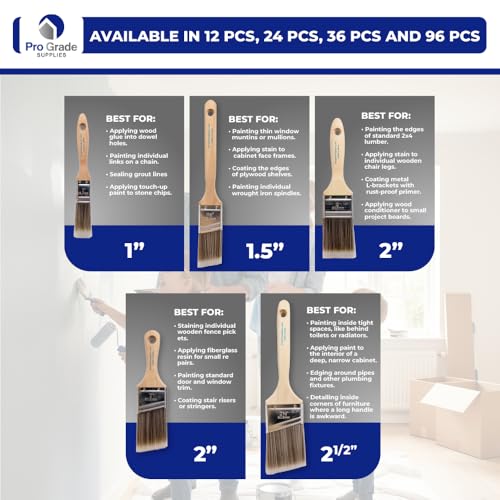 Pro Grade Paint Brushes, 5-Piece Paint Brush Set: Flat & Angle Brushes for Latex and Oil Paints, Stains, Interior & Exterior Home Improvement