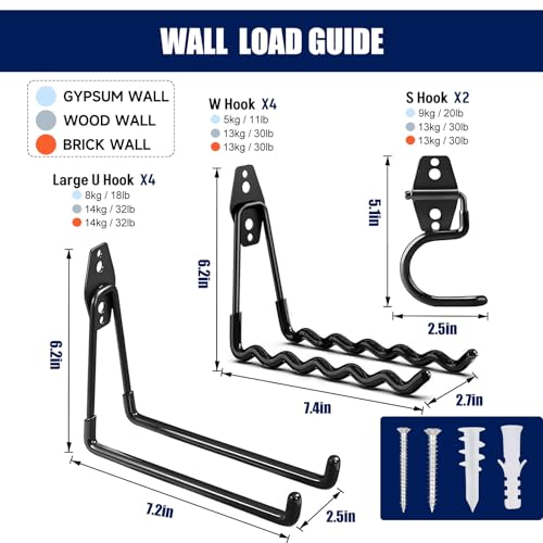 12 Pack Garage Hooks Heavy Duty, Iron Garage Storage Hooks with Anti-Slip Coating, Utility Wall Mount Hangers for Garden and Power Tools, Ladders, Bikes, Hoses and Bulky Items - size: 12 Pack Hooks