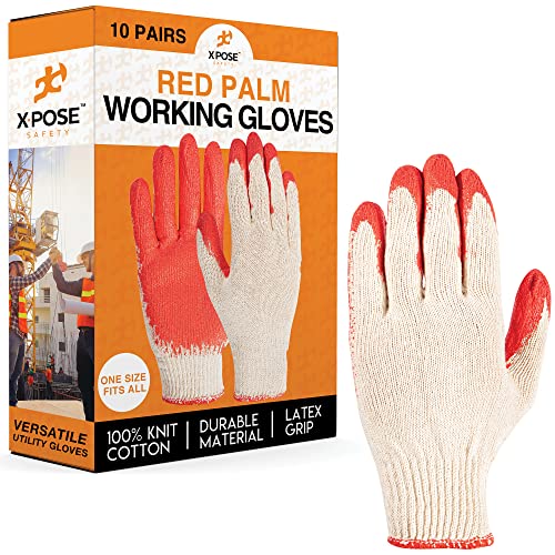 Xpose Safety Red & Blue Palm Work Gloves – Latex-Coated Knit Grip Safety Gloves for Construction, Electricians, & General Use - color: Red