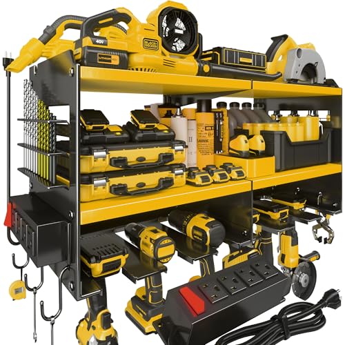 Spampur Large Power Tool Organizer Wall Mount with Charging Station, 3 Layer Heavy Duty Metal Tool Storage Rack Loads 420lbs with 6 Cordless Drill Holder, Utility Rack Loads with 4 Power Strip - color: Yellow, size: 6 Slots