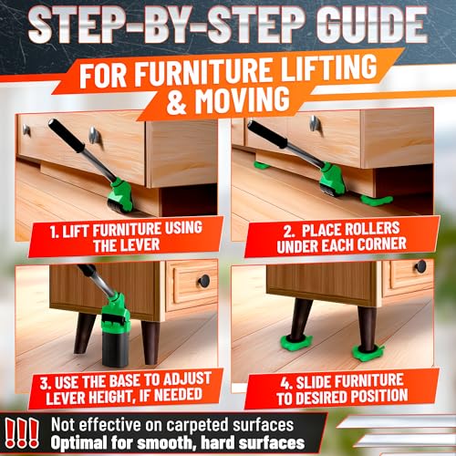 Furniture Jack Lifter Tool – Heavy Furniture Lifter with Wheels and Tool for Moving Appliances, Load Capacity Up to 660 Lbs – Glides Smoothly on Wood, Tile, Laminate, and Other Hard Floor Surfaces - color: Green