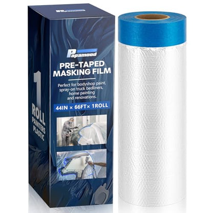 Pre-Taped Masking Film for Painting(1 Roll) - 44" x 66'Painters Plastic Sheeting with Tape and Drape, Painters Drop Cloth for Automotive & Home, Cover for Walls/Floors/Windows/Cars Protection - size: 1 Roll of 44" x 66'