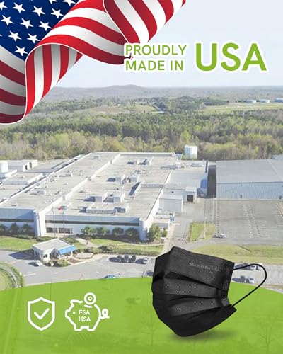 FriCARE Made in USA Disposable Face Masks, 4-Ply ASTM Level 3 Medical Grade, Breathable & Comfortable for Adult Daily Work/Sun Protection, 50 Pack Black
