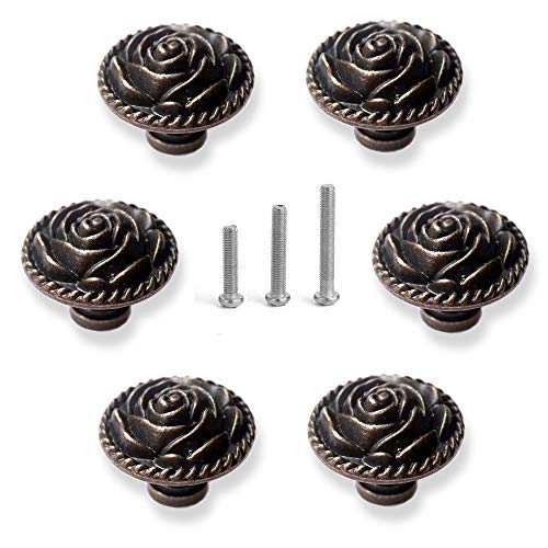 Vintage Rose Cabinet Knobs, Antique Bronze Cupboard Dresser Door Pull Round Zinc Alloy Knob Flower Drawer Handles with 3 Sized Screws for Furniture Kitchen Cupboard Closet Wardrobe (6 Pack) - size: 6 Pack