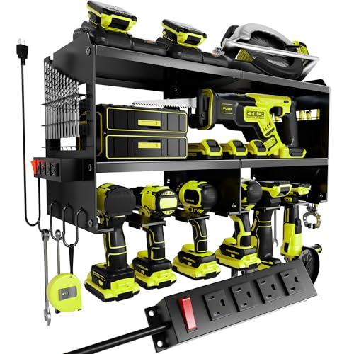 Spampur Power Tool Organizer Wall Mount with Charging Station, 3 Layer Heavy Duty Metal Tool Storage Rack Loads 420lbs with 6 Cordless Drill Holder, Idea Gifts for Men, Garage Workshop - color: Black, size: 6 Slots