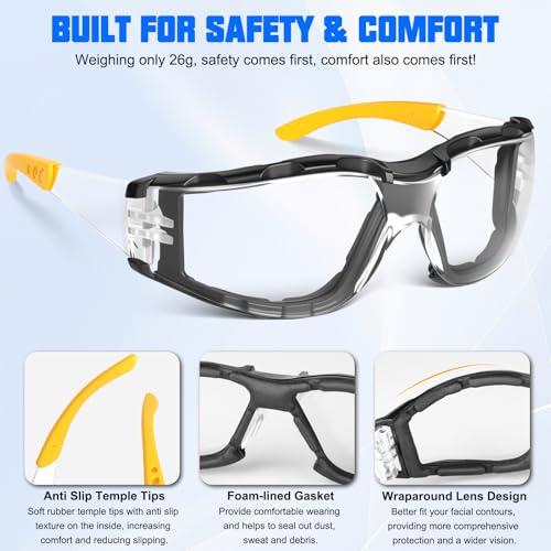 OXG Safety Glasses for Men, ANSI Z87.1 Anti-Fog Impact Resistant Protective Eyewear, Foam Gasket, UV400 Protection - color: 3-clear-yellow