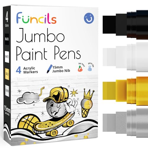 4 Jumbo Poster Markers (15mm, White, Black, Gold & Silver) | Fat Acrylic Paint Markers for Wood, Glass, Metal, Walls, Fabric - Large Thick Permanent Paint Pens for Signs, Board, Teachers - color: 4 - W, B, G, S, size: Water Based Ink