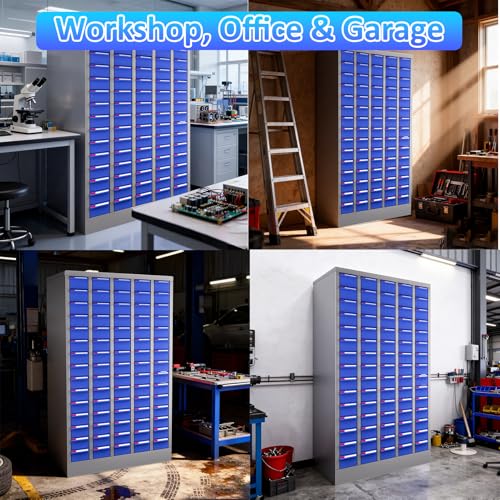 Parts Cabinet 75 Drawers Steel Hardware Organizer with Adjustable Dividers and Labels, Wall Mount Tool Storage Cabinet for Nuts Bolts Screws Washers, Garage Workshop