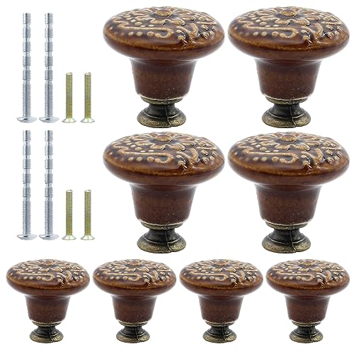 8pcs Brown Ceramic Knobs, Vintage & Retro Dresser & Cabinet Knobs, Decorative Drawer Pull Handles - color: Brown, size: 8pcs-1.3 Inch