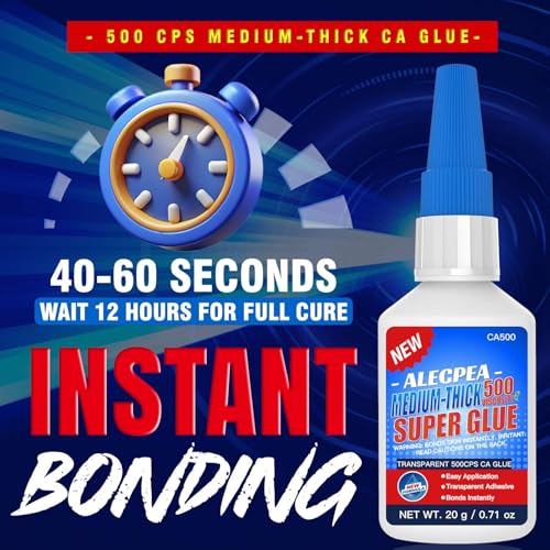 20g Medium-Thick CA Glue (500 CPS), Instant Clear Cyanoacrylate Glue for Wood, Glass, Metal, Paper, Leather, Plastic, Ceramic, Rubber, Jewelry, Woodworking, Hobby Models, and Craft Project - size: Clear/500CPS