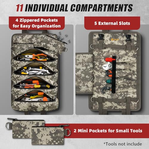 Tool Bag Roll Up, UUP Heavy Duty Rolled Empty Tool Storage Organizing, Portable Tool Roll Container with 2 Detachable Pockets, Folding Tool Holder, Father Day Dad Men Electrician Gift, Camouflage - color: Camouflage