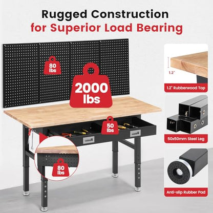 ENJOYWOOD 60" Adjustable Height Workbench with Drawers, Rubberwood Top, Pegboard & Power Outlets, Heavy Duty Work Table for Garage, Workshop & Home - size: XX-Large