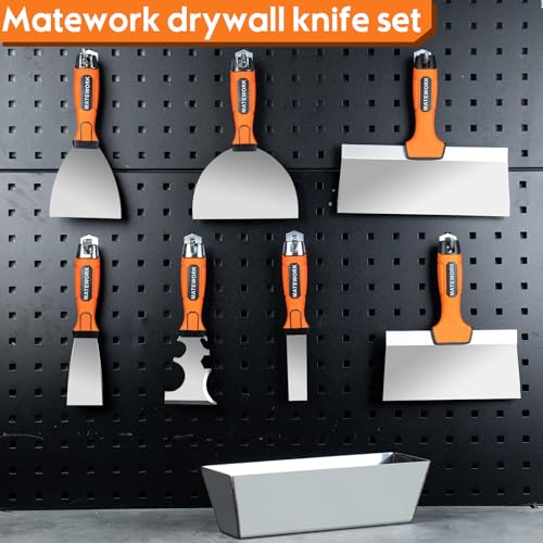 Matework Drywall Tools, 8-Piece Stainless Steel Drywall Knife Set, Putty Knives with Mud Pan, Tapping Knife with Hammer End and Ergonomic Grip for Wall Repair - color: 8 Pc