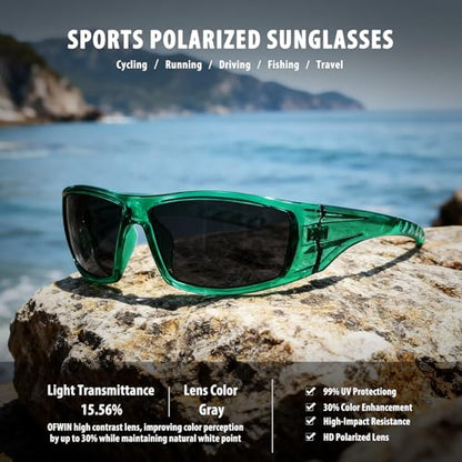 Polarized Sports Sunglasses for Men Women Unbreakable Frame Cycling Fishing Wrap Around Sunglasses UV400 Protection - color: 1-clear Green/Gray Lens