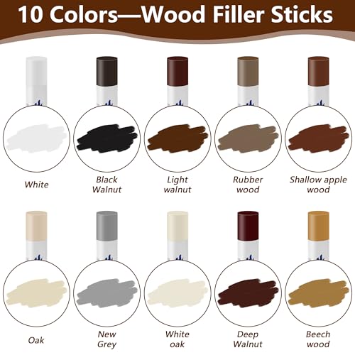 Wood Filler Sticks with 1P Box, 1P Knife, 1P Scraper and 1P Rag, Pletpet 10 Colors Furniture Crayon Touch Up Wood Filler Nail Hole Wax Sticks for Repairing Scratches and Nail Holes (10p) - size: 10p