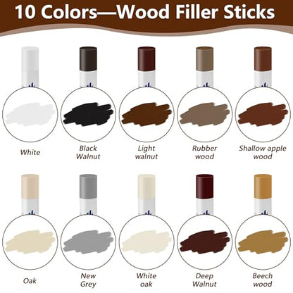 Wood Filler Sticks with 1P Box, 1P Knife, 1P Scraper and 1P Rag, Pletpet 10 Colors Furniture Crayon Touch Up Wood Filler Nail Hole Wax Sticks for Repairing Scratches and Nail Holes (10p) - size: 10p
