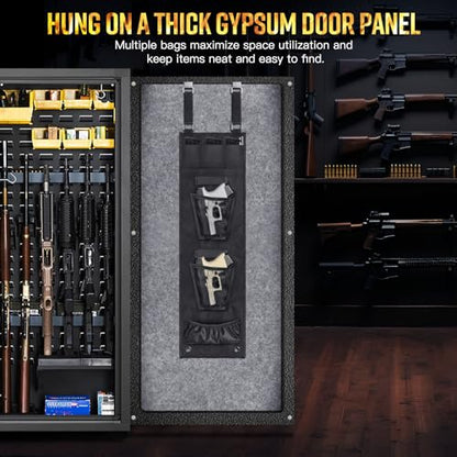 Gun Safe Door Organizer,Handgun Hanger with Elastic Triple Mag Pouch and Mesh Organizer Pockets,Gun Safe Accessories Gun Cabinet Storage,Easy to Install 9.2W*32H Inch