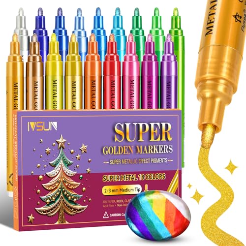 IVSUN Super Golden Metallic Markers, 18 Colors Glitter Acrylic Paint Pens for Black Paper, Rock, Glass, Wood, Scrapbooking, Photo Albums, Card Making, DIY Crafts Supplies, Easter Basket Stuffers - color: 18 Colors
