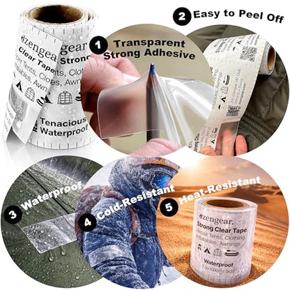 aZengear Clear Tenacious Waterproof Tape, TPU Patch Repair Kit for Tents, Jackets, Inflatables - Fix Rips in PVC, Furniture, Awnings, RV, Shoes
