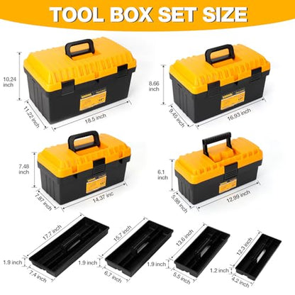 Tool Box Set of 4, Large Plastic Tool Box Waterproof with Organizer Tray, Heavy Duty Stackable Toolbox Storage Case Portable Tool Box (Black & Yellow, 13/15/17/19 in)