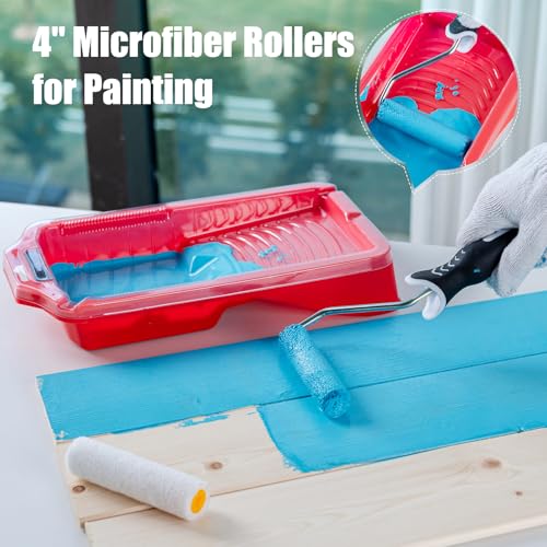 Mister Rui 4 Inch Paint Roller Kit, 12-Piece Mini Roller Set with 6 Microfiber Sleeves, Tray, Liner & Cover, Handle, 1.5" Angled Brush - for Walls, Cabinets, DIY & Pro Painting