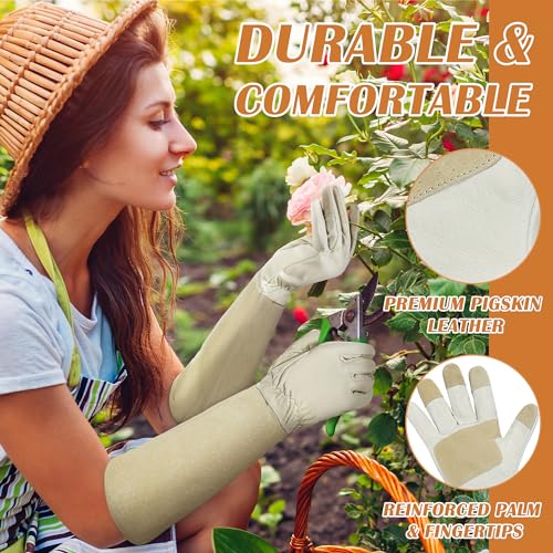 HANDLANDY Pruning Gloves Long for Men & Women, Pigskin Leather Rose Gardening Gloves- Breathable & Durability Gauntlet Glove Medium - color: Beige, size: Medium (Pack of 1)