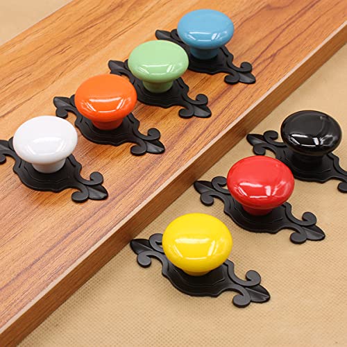 HUAMULAN 10 Pack Retro Ceramic Knobs, Glossy Dresser Kitchen Cabinet Pulls,Metal Base Backplate Cupboard Wardrobe Drawer Door Handles,3 Size Length Screws,Black Base+White Knob - color: HRJ532-BlackWhite-10PACK