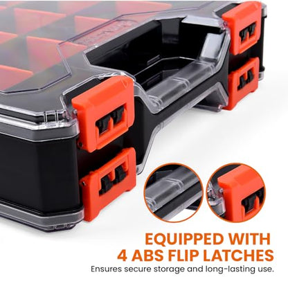 TACTIX 34 Compartments Double-Sided Tool Organizer, Toolbox with 14 Adjustable Dividers & Transparent Lids, Portable Hardware Storage Box for Screws, Nuts, Fishing Accessories (Black/Orange) - style: Double-sided PP Organizer