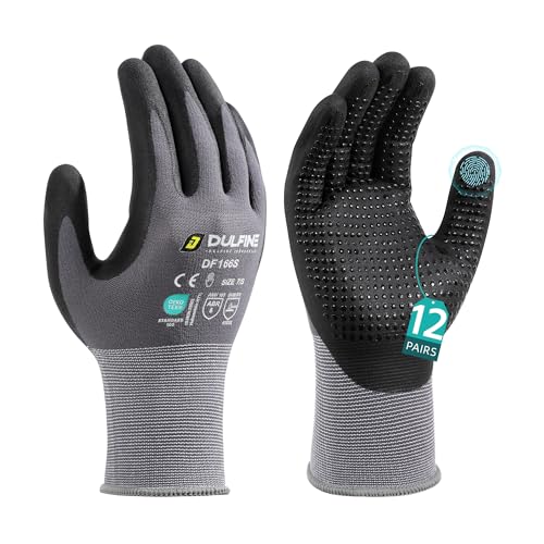 DULFINE Safety Work Gloves for Men & Women, MicroFoam Nitrile Coated Nylon Black Grip for General Purpose, 3/6/12/36 Pairs - color: Grey With Dots, size: Large