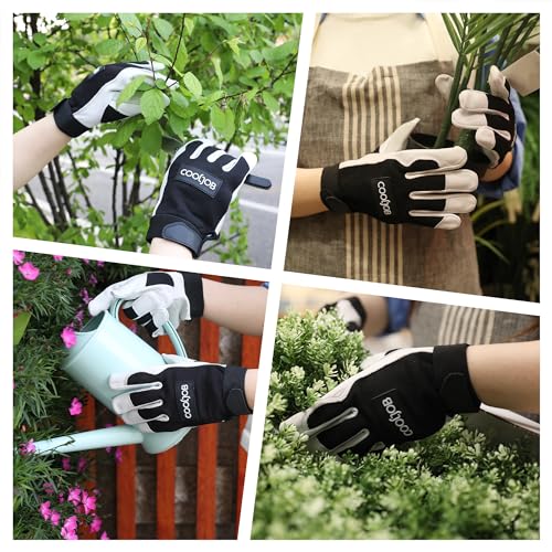 COOLJOB Sheep Skin Leather Garden Gloves with Abrasion Resistant Grip, Thorn Puncture Proof Work Gloves for Landscaping, M-XL - size: Large