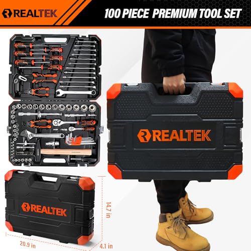 REALTEK 100 Piece Mechanic Tool Set, Car Tool Kit, Cr-V Socket Wrench Auto Repair Kit Includes Socket Accessories, Pliers, Heavy Hammer, Screw Drivers, General Households Tools with Larger Case