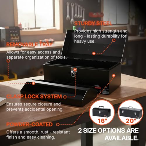 Black Canyon 16 Inch Tool Box, Metal Tool Box, 0.8mm Carbon Steel, Portable&Padlockable, 4 Non-Slip Foot Pads, Ideal for Trailer, Mechanic, DIY-ers, Car Toolbox, Workshops, Garages, Repair Shops - size: 16-1/8 in