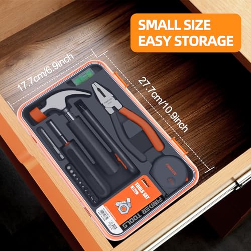 Finder Small Tool Kit 19 Piece General Household Tool Set, Mini Tool Kit Basic Hand Tools Kit with Plastic Toolbox Storage Case for Home Repair (Orange)