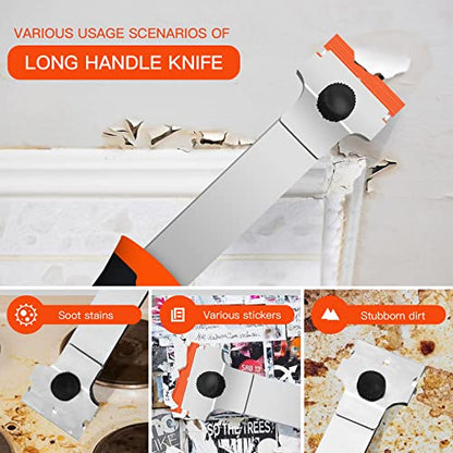 DEKEones Razor Blade Scraper, Long Handled Scraper Tool with 10 Extra Replacement Blades, Razor Scraper Remover for Cleaning Sticker, Paint, Caulk from Window, Car, Glass, Windshield, Stove