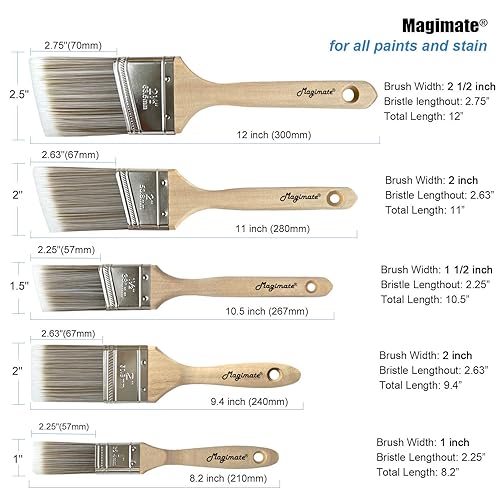 Magimate Wood Stain Paint Brush Set Angled Sash and Flat Painting Brushes Assortment for Baseboards, Wall Trim, House Touch-Ups, Cabinets and Fence Staining, Pack of 5