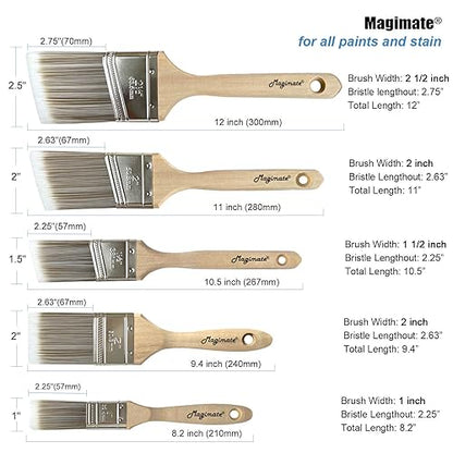 Magimate Wood Stain Paint Brush Set Angled Sash and Flat Painting Brushes Assortment for Baseboards, Wall Trim, House Touch-Ups, Cabinets and Fence Staining, Pack of 5