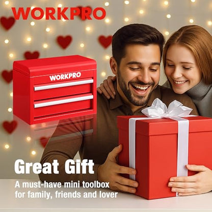 WORKPRO Metal Mini Tool Box, Top Tool Chest containing Two Drawers with Ball Bearing Slides, PVC Drawer Liners and PP Feet Pads, Durable Cold Rolled Steel Small Toolbox for Multi-Purpose Storage - color: Red