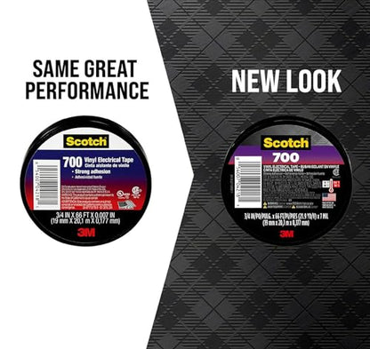 Scotch Vinyl 700 Electrical Tape, 1 Roll, Black, 3/4-in x 66-ft, General Purpose, Commercial Grade, Rated for Temperatures Up to 194-Degree, Highly Flexible, Stretchy & Conformable (700) - size: 3/4 in. by 66 ft., style: 1 roll