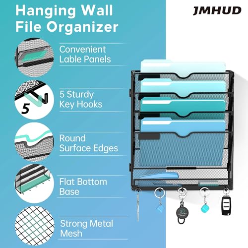 5 Tier Wall File Organizer - Hanging File Organizer with 5 Hooks, Mail Holder Wall Mounted for Papers, Folders, Magazines, Bills, Office&School Organization, Black - size: 5 Tier-Black
