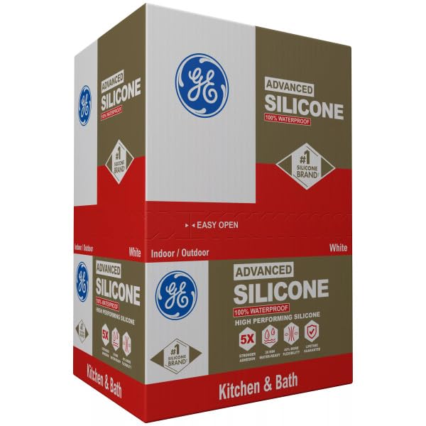 GE Advanced Silicone Caulk for Kitchen & Bathroom, White, 10 fl oz Cartridge, 12 Pack - 100% Waterproof Silicone Sealant, 5X Stronger Adhesion, Shrink & Crack Proof - color: White, size: Pack of 12