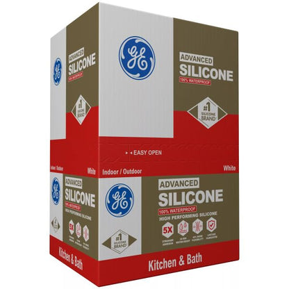 GE Advanced Silicone Caulk for Kitchen & Bathroom, White, 10 fl oz Cartridge, 12 Pack - 100% Waterproof Silicone Sealant, 5X Stronger Adhesion, Shrink & Crack Proof - color: White, size: Pack of 12