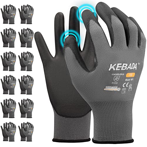 Kebada W1 Work Gloves for Men and Women, PU Coated Safety Gloves with Grip, Touchscreen, Ideal for Warehouse Package Handling, Construction, Gardening, 12 Pairs Gray XXL - color: Light Grey, size: XX-Large