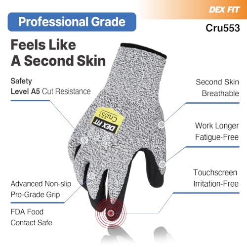 DEX FIT Level 5 Cut Resistant Gloves Cru553, 3D-Comfort Fit, Firm Grip, Thin & Lightweight, Touch-Screen Compatible, Durable, Breathable & Cool, Machine Washable; Grey S (7) 1 Pair - color: Grey, size: Small