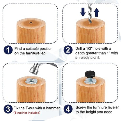 1/4" Thread Furniture Feet Levelers, 12 PCS Adjustable Furniture Feet Threaded Screw in, Leveling Feet Screw On Furniture Glide Leveling for Table, Cabinets, Chairs, Stool Legs - size: 1/4"-20