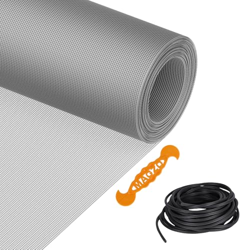 Window Screen Replacement Kit, 48"W × 99"L Durable Polyester Adjustable Screen Mesh with Retainer Spline (32ft) for DIY Project Window Screen Door Screen Replacement & Repair, Grey - color: Gray, size: 48" x 99"