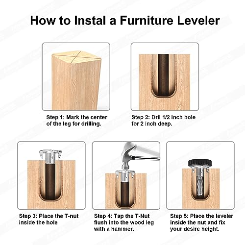 Furniture Leveling Feet 1/4-20 Screw in Threaded Furniture Levelers Adjustable Table Chair Leg Levelers Feet for Bar Stool Bed Cabinet Patio Furniture Legs,12Pack with T-Nuts