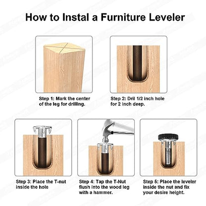 Furniture Leveling Feet 1/4-20 Screw in Threaded Furniture Levelers Adjustable Table Chair Leg Levelers Feet for Bar Stool Bed Cabinet Patio Furniture Legs,12Pack with T-Nuts
