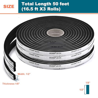 Weather Stripping Door Seal - Adhesive Foam Tape Soundproof Weatherstripping for Windows,1/2 Inch Wide X 1/8 Inch Thick,3 Rolls Total 50FT Black,High Density - size: 1/2In x 1/8In x 50Ft