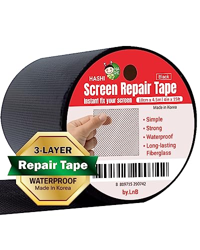 HA SHI Screen Repair Kit for Windows or Doors (4" x 15FT, Black) 3-Layer Strong Adhesive Tape, Made in Korea, Ease-Installation Fiberglass Covering Mesh - color: Black, size: 4 Inch x 15 FT