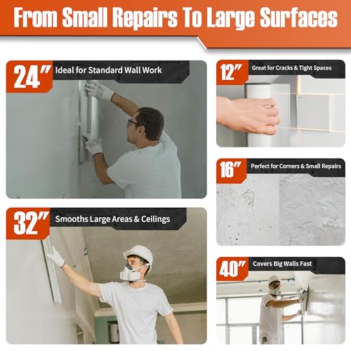 Professional Drywall Skimming Blade Kit (12", 16", 24", 32" & 40"), Stainless Steel Wall Finishing Tools with Extension Pole, Roller & Putty Knife, Lightweight Set with Carrying Case